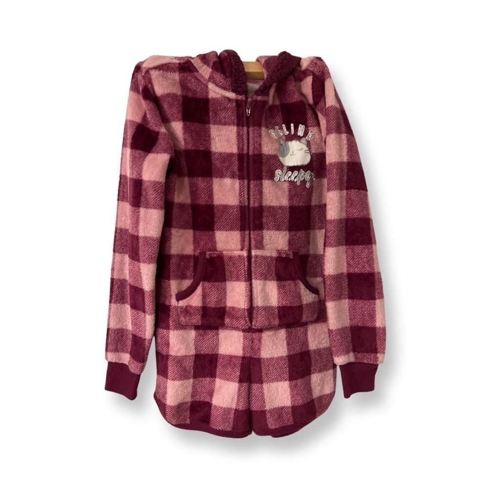 Justice Pajama Romper One-piece Checkered Maroon And Pink Feline Sleepy Size 8